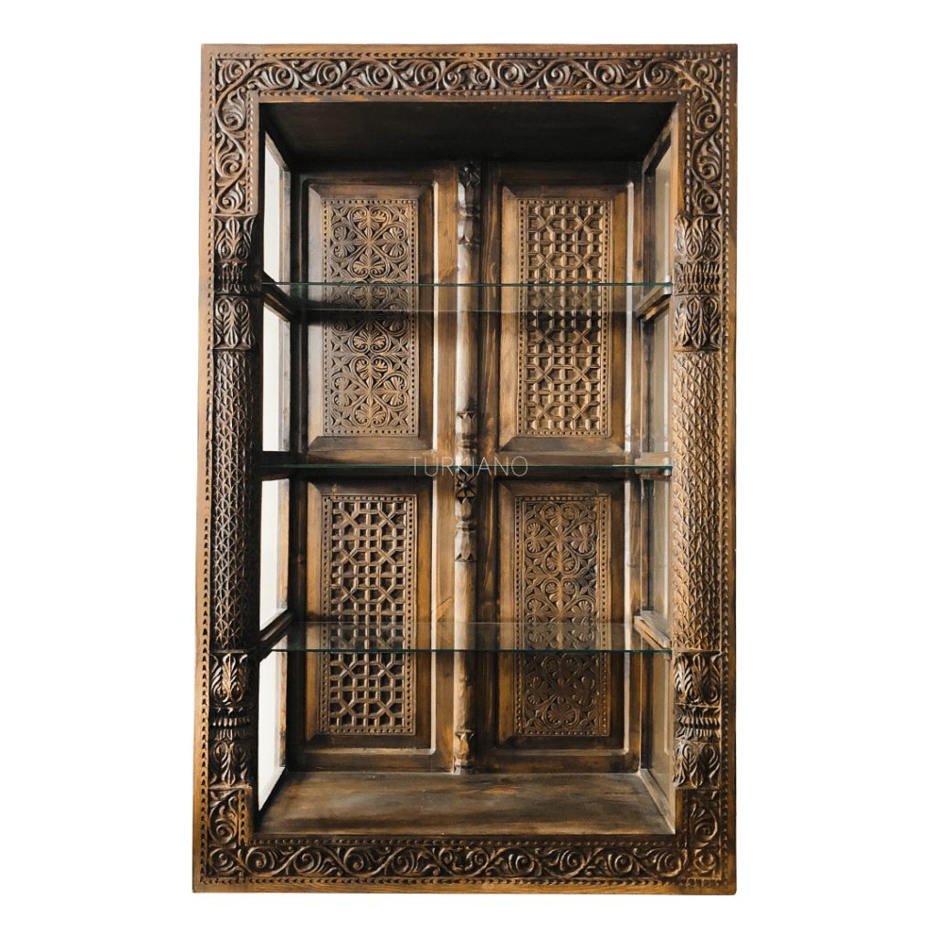 ANTİK TARZ ESKİTME VİTRİN KİTAPLIK KOYU CEVİZ RENK M229