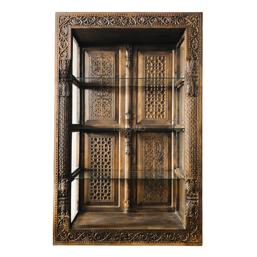 ANTİK TARZ ESKİTME VİTRİN KİTAPLIK KOYU CEVİZ RENK M229