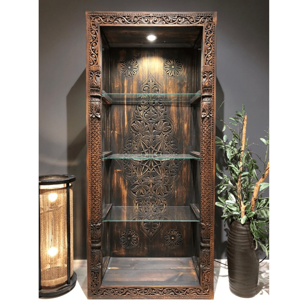 ANTİK TARZ ESKİTME VİTRİN KİTAPLIK KOYU CEVİZ RENK M219