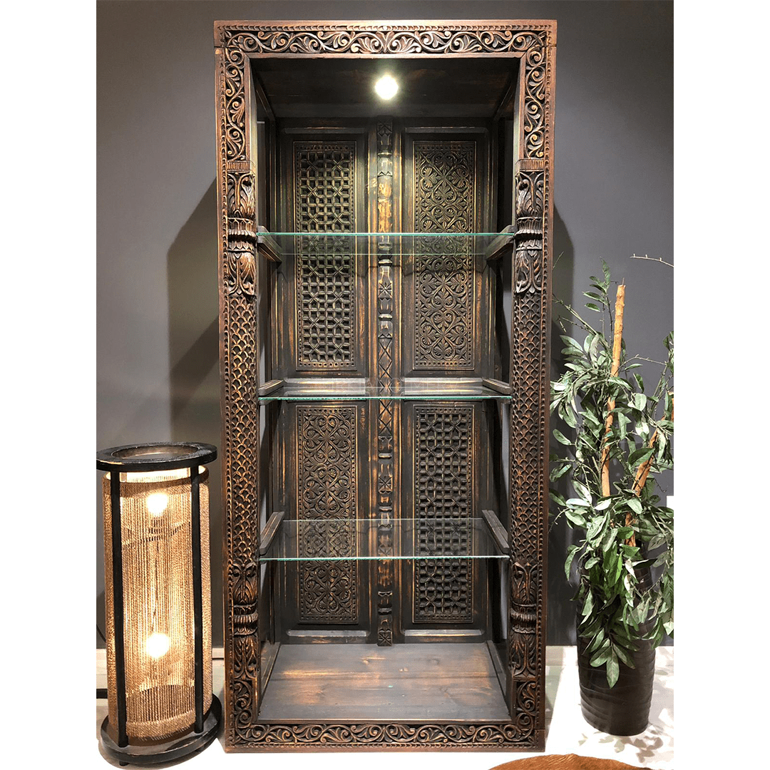 ANTİK TARZ ESKİTME VİTRİN KİTAPLIK KOYU CEVİZ RENK M220