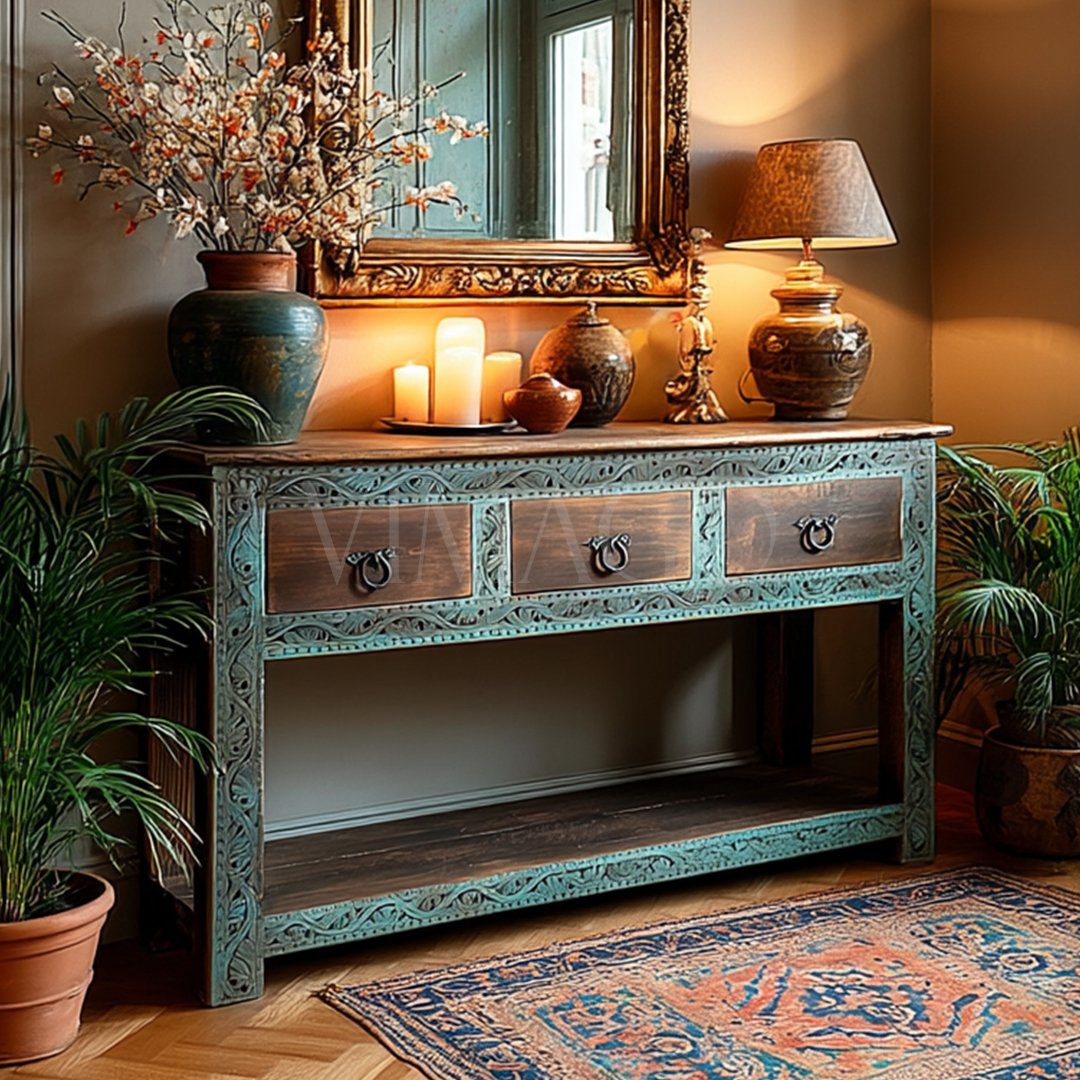 ANTİK TARZ DRESUAR ESKİTME TURKUAZ RENK M452