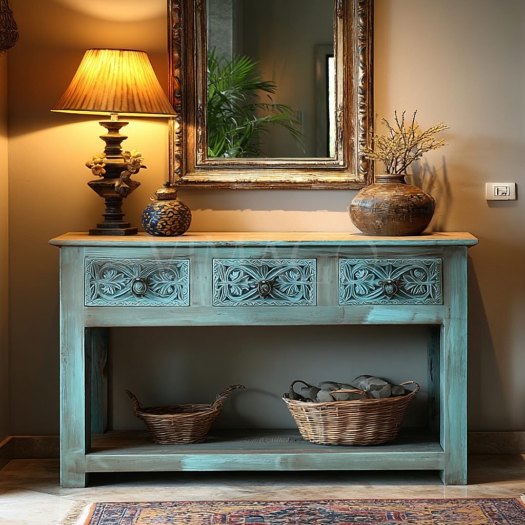 ANTİK TARZ DRESUAR ESKİTME TURKUAZ RENK M453