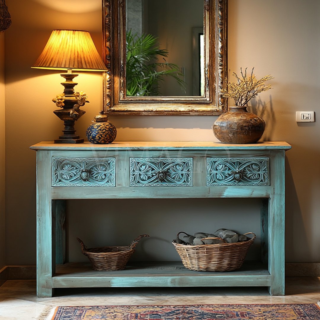 ANTİK TARZ DRESUAR ESKİTME TURKUAZ RENK M453