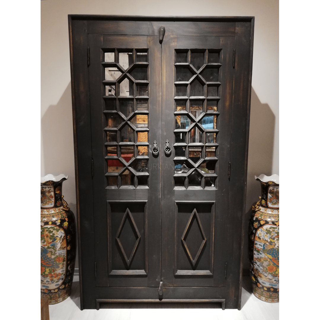 ANTİK TARZ AYNALI DOLAP KİTAPLIK KOYU CEVİZ RENK M515