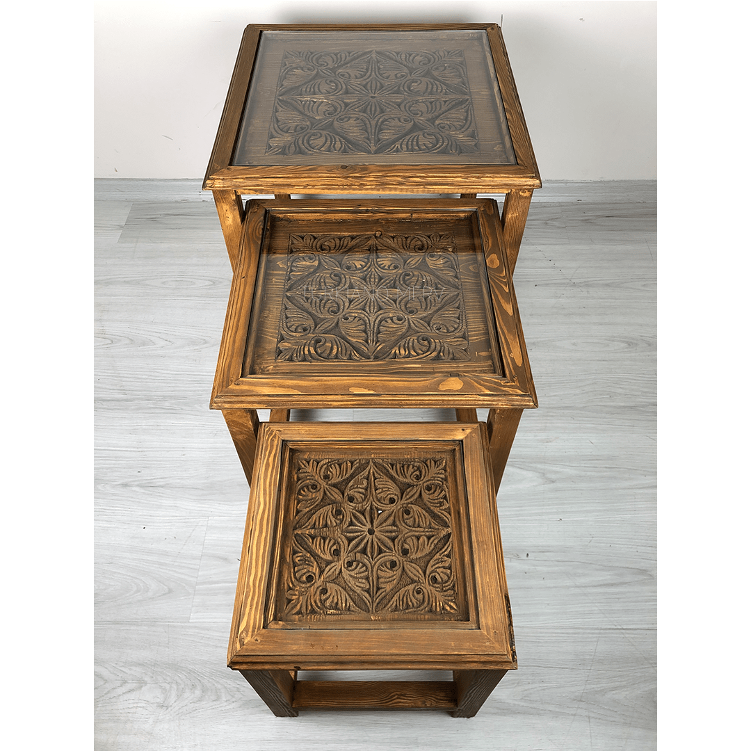 ANTİK TARZ 3'LÜ ZİGON SEHPA ANTİK TARZ KESTANE RENK M564