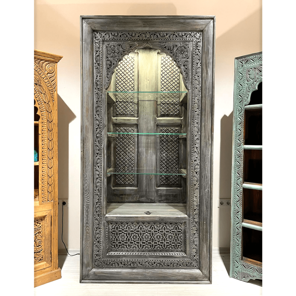ANTİK TARZ VİTRİN KİTAPLIK GRİ ESKİTME M820
