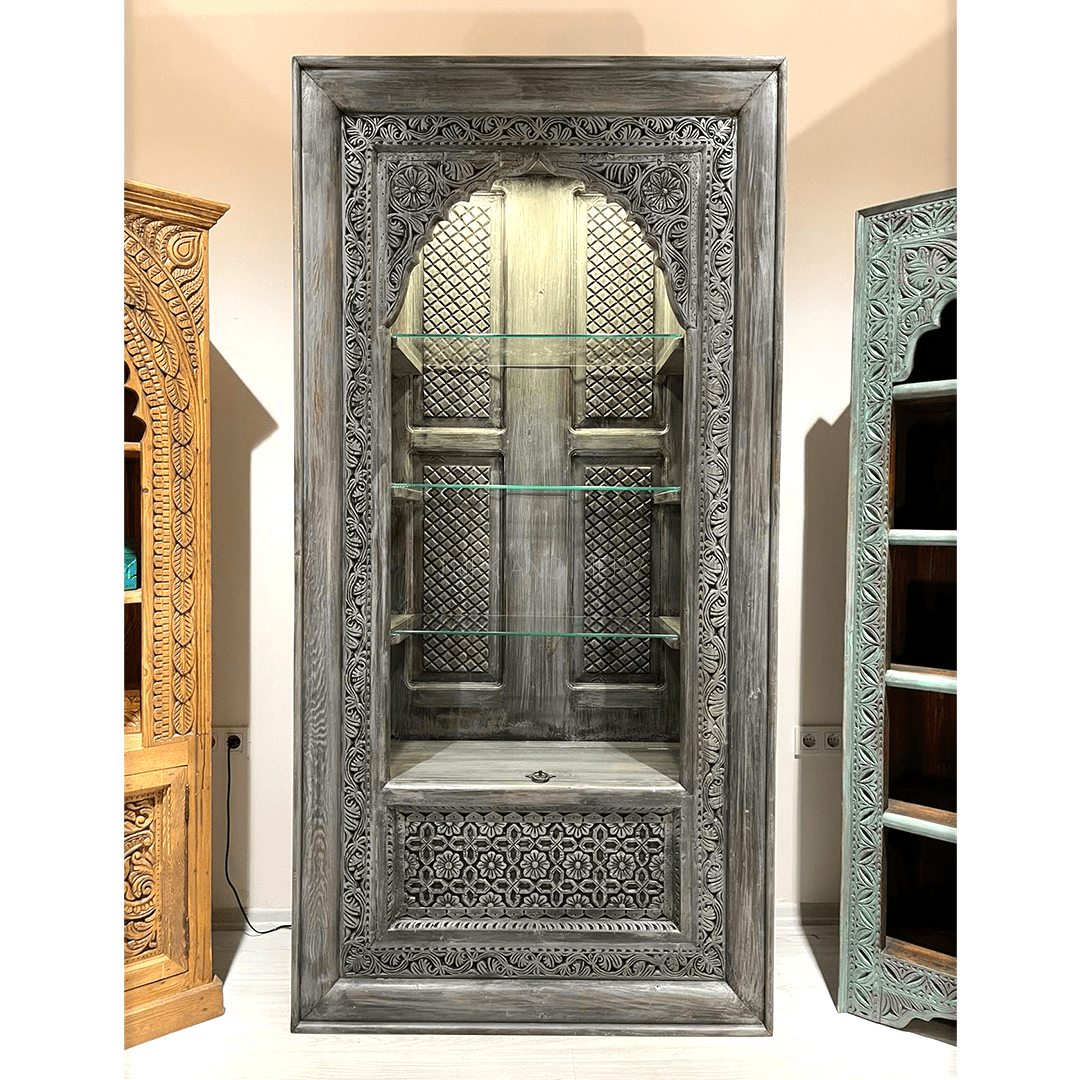 ANTİK TARZ VİTRİN KİTAPLIK GRİ ESKİTME M820